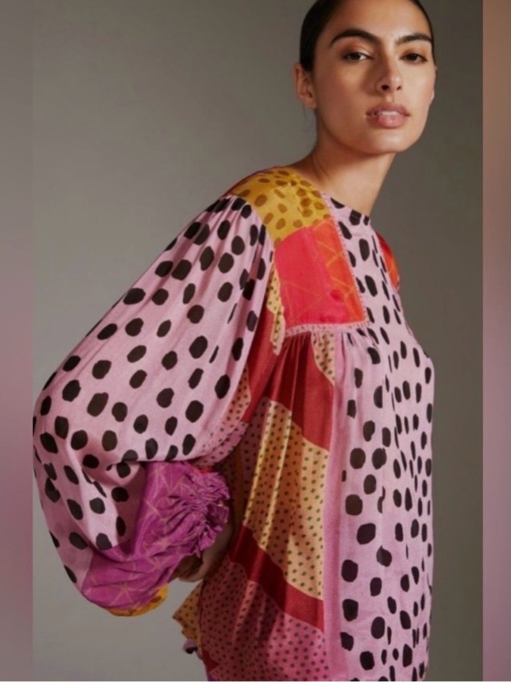 Anthropologie/Blank London Miranda Patchwork/Polka Dot Sheer Long-Sleeve Blouse